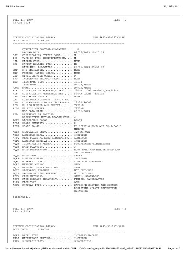 Current NATO Pattern Quartz Military Divers Watch with Sapphire Crystal and 10 Year Battery Life - NATO STOCK NUMBER NSN 6645-99-157-3496