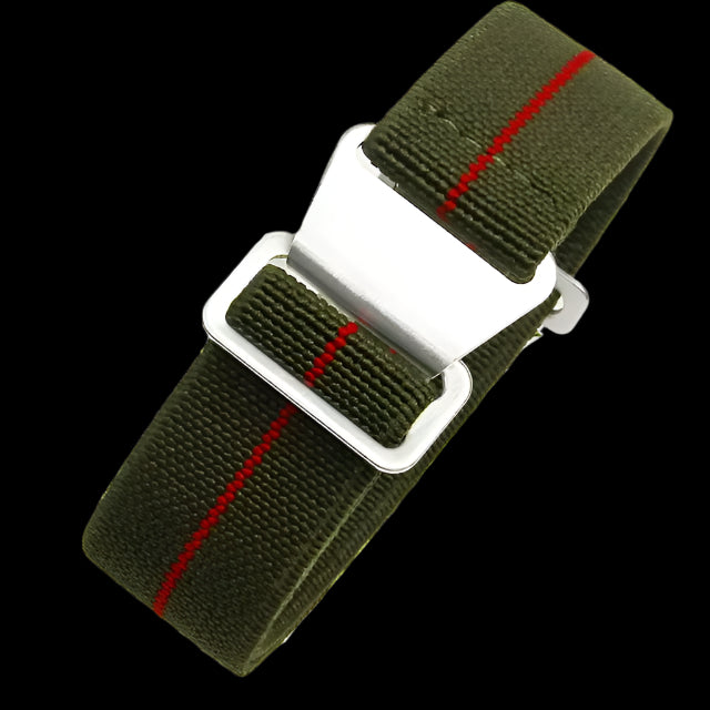 18mm Elasticated French Navy and Special Forces Strap in Green with a Red Stripe