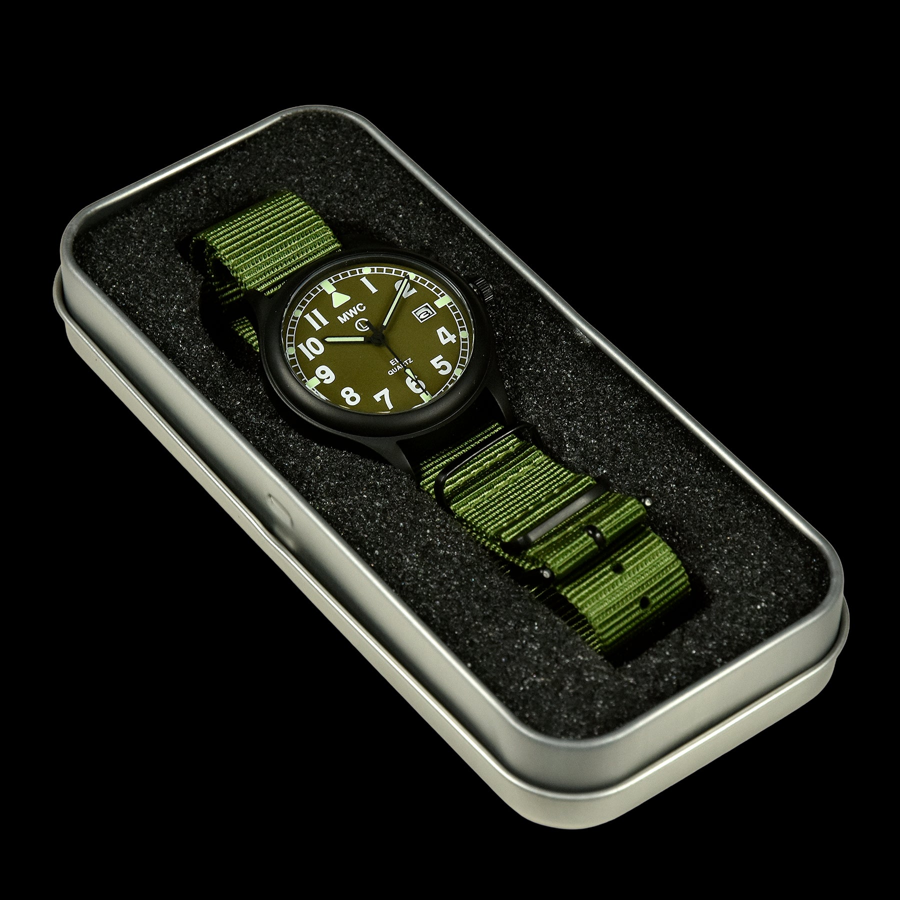MWC G10EL Black PVD Steel General Service Watch with Olive Drab Electroluminescent (EL) Backlit Dial