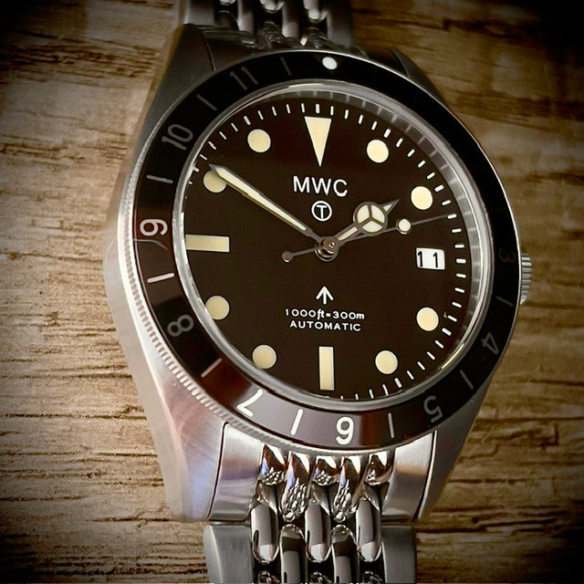 MWC Classic 1960s Pattern Dual Time Zone Automatic Divers Watch with Retro Luminous Paint and Sapphire Crystal on Matching Stainless Steel Bracelet