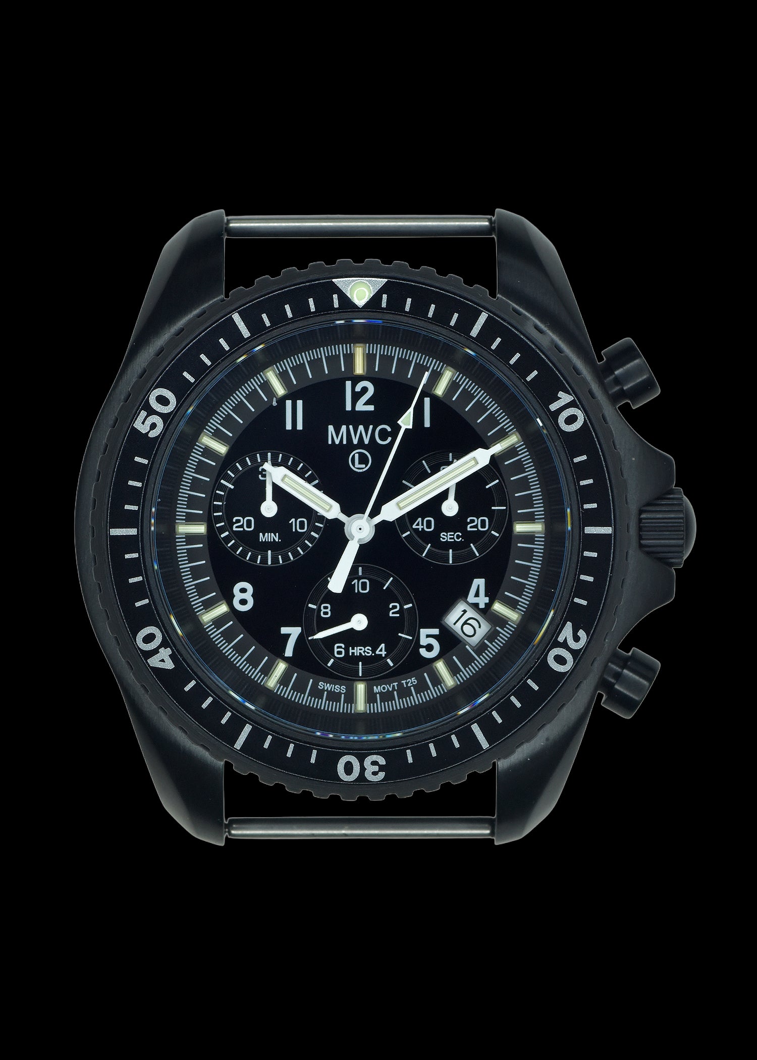 MWC NATO Pattern Black PVD Steel Military Pilots Chronograph with Sapphire Crystal and Swiss Ronda Movement with GTLS/Tritium Illumination