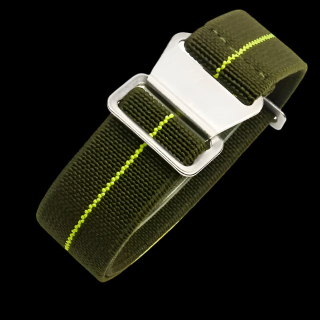22mm Elasticated French Navy and Special Forces Strap in Green with a Yellow Stripe