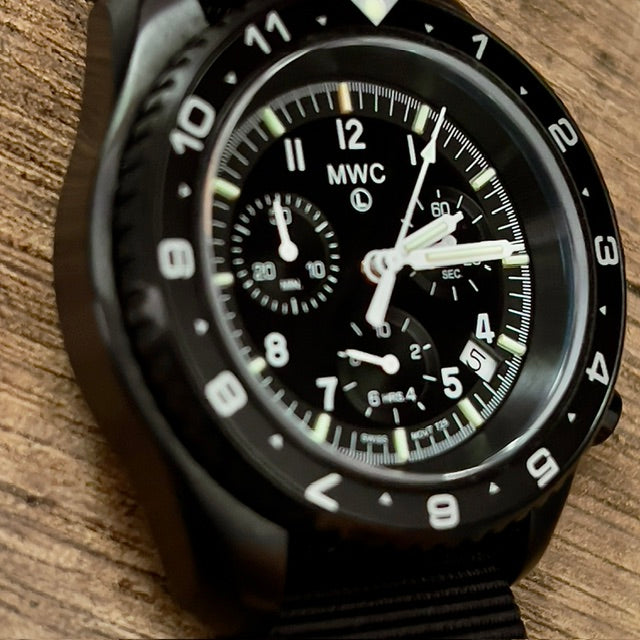 MWC NATO Pattern Stainless Steel Military Pilots Chronograph with Sapphire Crystal and Swiss Ronda Movement - 12 Hour GMT Bezel and GTLS/Tritium Illumination